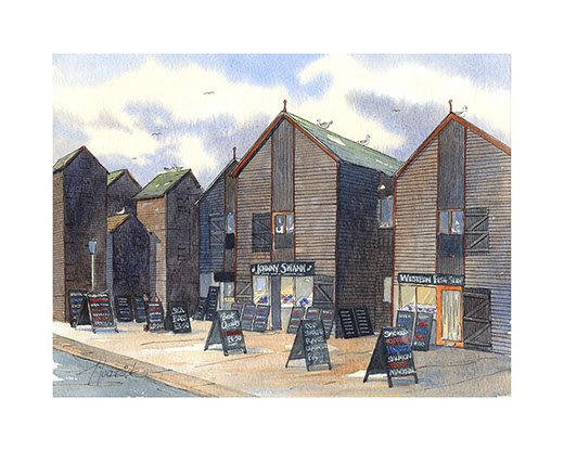 Limited edition print of Hastings Fish Market by Hastings artist Huldrick.