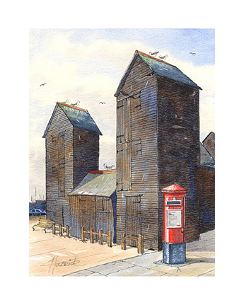 Limited edition print of Hastings Net Shops by Hastings artist Huldrick.