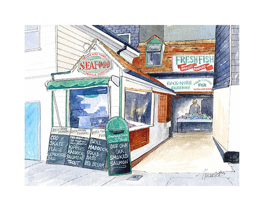 Limited edition print of Rock-A-Nore Fisheries Hastings by Hastings artist Huldrick.