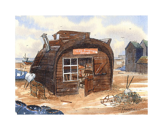 Limited edition print of Half Sovereign Cottage by Hastings artist Huldrick.