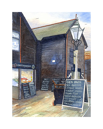 Limited edition print of Hastings Fish Market by Hastings artist Huldrick.