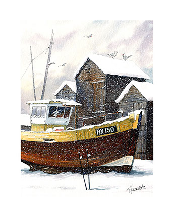 Winters Rest. Limited edition print of Hastings Fishing Trawler by Hastings artist Huldrick.