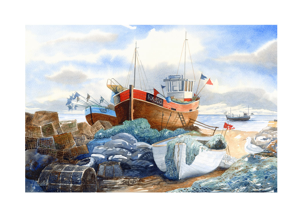 Limited edition print of Hastings trawler on the Stade by Hastings artist Huldrick.