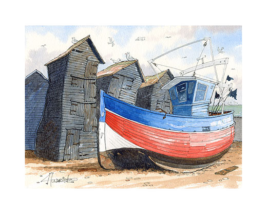 "Red, White and Blue". Limited edition print of Hastings trawler by Hastings artist Huldrick.