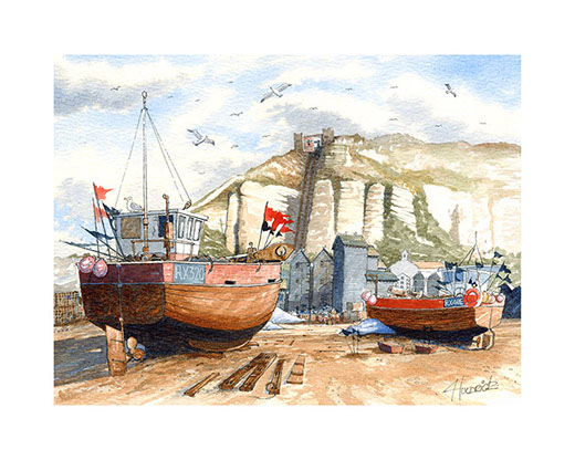 "East Hill lift and the Beach". Limited edition print of Hastings Stade by Hastings artist Huldrick.