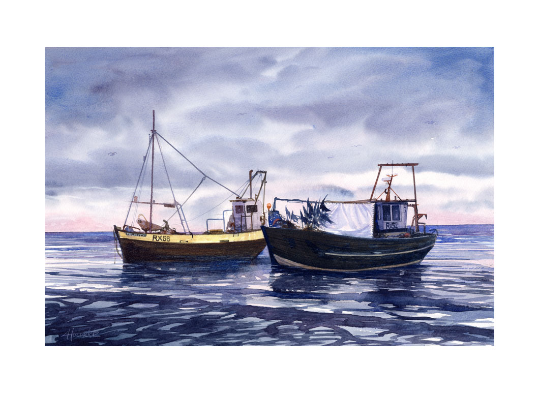 "Waiting for the Morning Tide". Limited edition print of Hastings trawlers at dawn by Hastings artist Huldrick.
