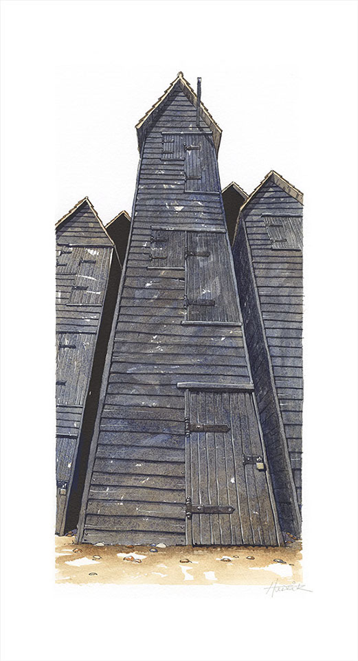 Standing Tall limited edition print of Hastings Net Shops by Hastings artist Huldrick.
